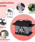 360 Degree Continuous Rotation Servo With Beefy 35Kg Torque Coreless Motor And Metal Gears displayed with application fields like RC cars, robots, and DIY projects.