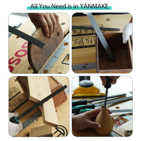 Kickstart Your Carpentry Game With This Hella Durable Eight Inch Wood Rasp File Set Featuring Flat Round Half Round And Triangular Teeth For Knotty Smoothing Badass Wood Finishing Work, shown in use.