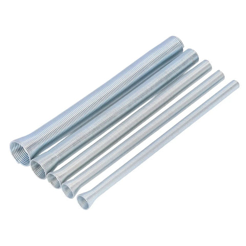 Pro Spring Steel Pipe Bender Kit 1/2 In 5/8 In for soft copper tubing showing five metal bender coils for precise bending.