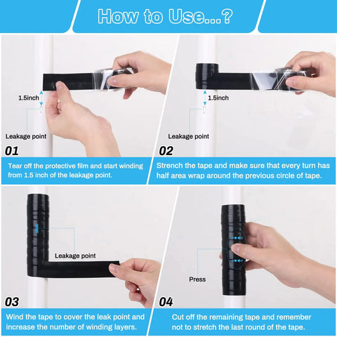 Steps for using Black Self Fusing Silicone Tape 2 Pack 1 Inch by 11.8 Feet for quick pipe repairs