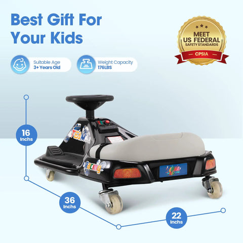 Electric Drifting Go Kart For Kids 3 Plus, 24V Powered Ride On Drift Racer, black model with glowing wheels, side view