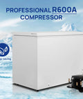 Roomy 14 Cubic Foot Top Load Chest Freezer With Drop Dead Cold Seven Level Temp Dial and Zero Hassle Energy Savings featuring smooth white finish.