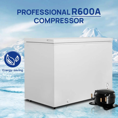Roomy 14 Cubic Foot Top Load Chest Freezer With Drop Dead Cold Seven Level Temp Dial and Zero Hassle Energy Savings featuring smooth white finish.