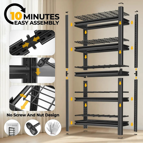 Heavy Duty 5 Tier Garage Shelving Unit 72 Inch High Adjustable Metal Rack For Tools And Gear Pro DIY Storage, Sturdy Steel Shelves Withstanding Up To 602 Lb Per Shelf, 3010 Lb Total Capacity, Easy Assembly, no screw design