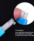 Close-up of Automatic Needle Threader And Bodkin Set For Sewing Machines, 3 Piece PLA Tool Kit, blue and white threading tool in use.