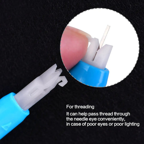 Close-up of Automatic Needle Threader And Bodkin Set For Sewing Machines, 3 Piece PLA Tool Kit, blue and white threading tool in use.