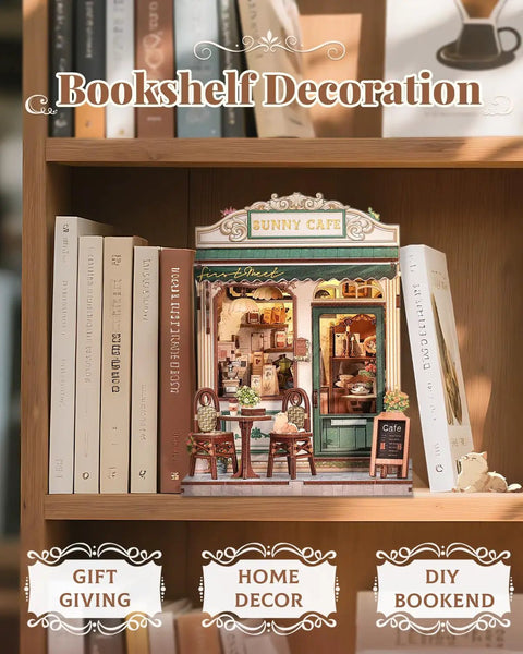 Sunny Cafe Book Nook Kit DIY Cozy Miniature House decor with LED light on wooden shelf, surrounded by books, perfect gift display.