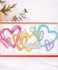 Colorful heart shapes card front with 'Celebrate New Beginnings' text, created using Love Hearts Metal Die Cuts Frame Set 4 Pieces Silver Embossing Dies for Scrapbooking