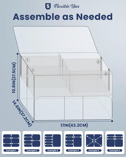 Ultimate Golf Trunk Organizer dimensions and assembly examples for flexible use, including multiple adjustable compartments.