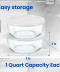Two Pack 1 Quart Glass Yogurt Containers With Lids For Easy Meal Prep BPA Free Oven Safe Durable Round Storage Bowls in fridge