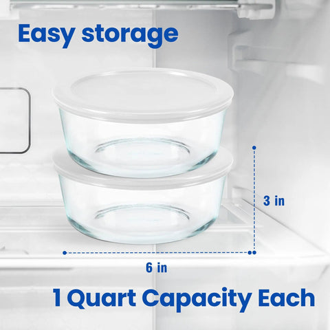 Two Pack 1 Quart Glass Yogurt Containers With Lids For Easy Meal Prep BPA Free Oven Safe Durable Round Storage Bowls in fridge