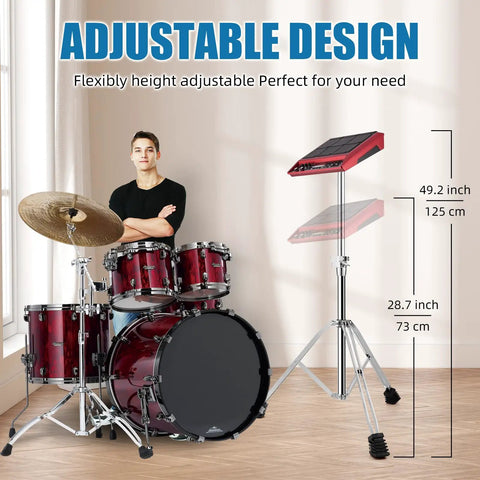 Rock Solid Electronic Mounting Stand with Plate for Drum Pads beside drum set, adjustable height and double-braced rig