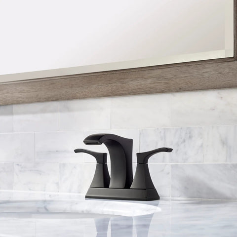 Venturi 4 Inch Centerset Bathroom Sink Faucet with Two Handles for 3 Hole Sinks in Matte Black Finish Push and Seal Drain Easy Install Durable Build For Longevity LF048VNBB