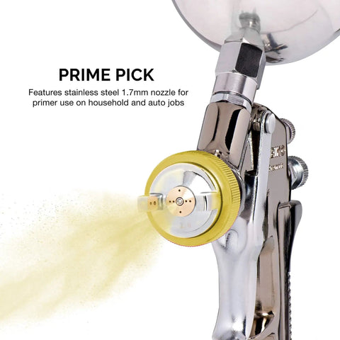 Beast Workhorse HVLP Gravity Feed Paint Sprayer with 1.7 mm Nozzle, steel body spraying fine mist, ideal for auto and DIY projects.