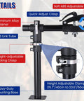 Extended Adjustable Bike Repair Stand With Clamp For Road And Mountain Bikes Space Saving Home Maintenance Rack Heavy Duty Carbon Steel Build Adjustable Height Up To 23.6 Inches Pro Grade DIY Garage Tool with details on adjustable clamp and base.