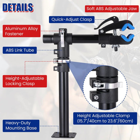Extended Adjustable Bike Repair Stand With Clamp For Road And Mountain Bikes Space Saving Home Maintenance Rack Heavy Duty Carbon Steel Build Adjustable Height Up To 23.6 Inches Pro Grade DIY Garage Tool with details on adjustable clamp and base.