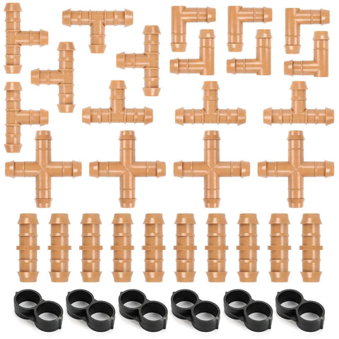 1/2 Inch Drip Irrigation Fittings Kit With 34 Pieces Including Tees Elbows Crosses Couplings and Plugs
