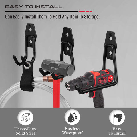 Heavy Duty Garage Tool Hook Set, 15-Piece Wall Mount Organizer Hangers holding hose, hammer, and drill for easy tool storage