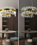 Gold Crystal Chandelier Modern Round Pendant Light With 3 Way Switch LED Crystal Lighting For Dining Room Kitchen Island Bedroom 23.6 Inch Diameter Ceiling Fixture showing on and off states above dining table.