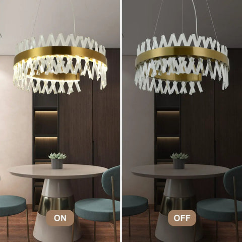 Gold Crystal Chandelier Modern Round Pendant Light With 3 Way Switch LED Crystal Lighting For Dining Room Kitchen Island Bedroom 23.6 Inch Diameter Ceiling Fixture showing on and off states above dining table.