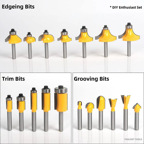 Router Bit Set 35 Pc 1/4 Inch Shank Professional Woodworking Kit showing edgeing, trim, and grooving bits