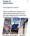 Scope of application for fasteners in food industry, ship accessories, and mechanical operations.