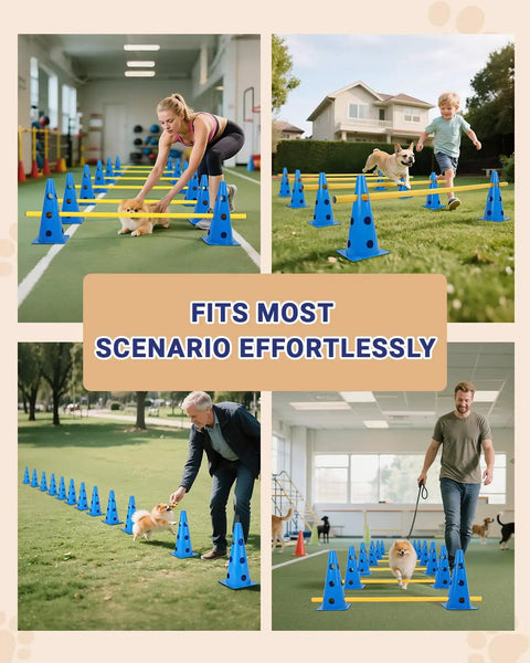 Dog Agility Backyard Course Set With 12 Cones And 6 Durable Rods used indoors and outdoors by people training dogs