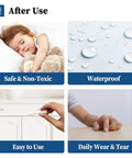 Child sleeping next to teddy bear, water droplets, person using white multi-surface touch up paint pen on cabinet, hand on table