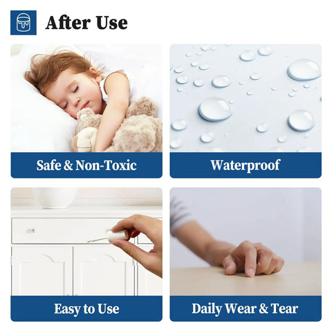 Child sleeping next to teddy bear, water droplets, person using white multi-surface touch up paint pen on cabinet, hand on table