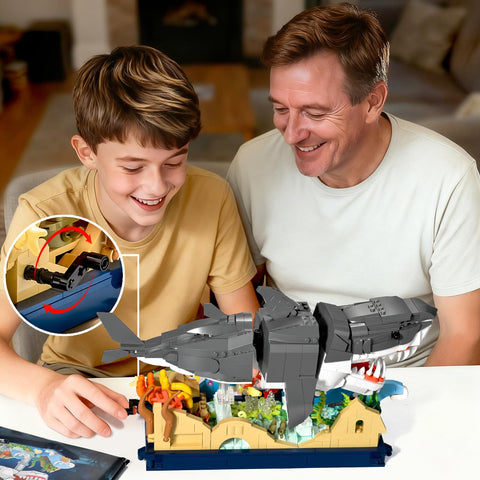 Father and son assembling the Beefy Mechanical Shark Build Kit With 1031 Pieces For Adults And Teens, showing gear system features.
