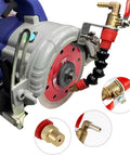 Plug And Go Dust Control Water Sprayer For Angle Grinders With 16-Foot Reinforced Hose connected to a saw blade for cooling and dust control.