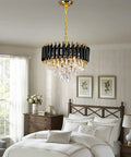 Modern Crystal Chandelier in Black and Gold 16 Inch 3 Tier Round Pendant Light for Bedroom with Adjustable Chain