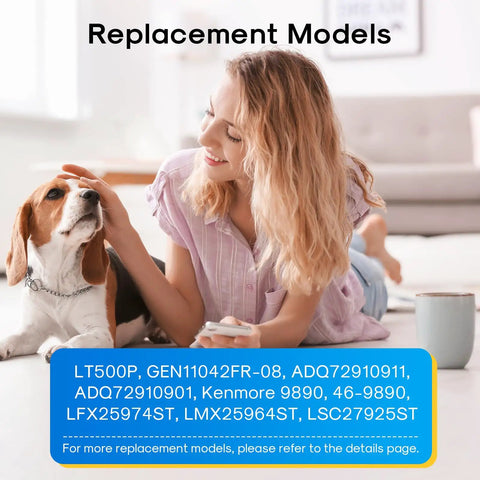 Woman and dog on couch, list of compatible fridge water filter replacement models in foreground