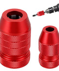 Heavy Duty Two Piece Adjustable Drill Bit Depth Stop Collar Kit Machined From Solid Aluminum Alloy showing red collars for drill bits.