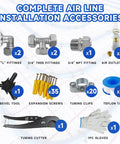 Complete air line installation accessories including fittings, screws, clips, tubing cutter, and gloves for Heavy Duty Compressed Air Line Kit 3/4 Inch By 100 To 300 Feet Triple Layer HDPE Aluminum HDPE Piping Built Tough Like A Tank With Pro Grade Air Compressor Accessories And Smooth Airline Tubing For The Daily Grind.