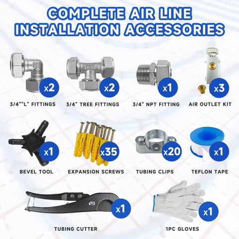 Complete air line installation accessories including fittings, screws, clips, tubing cutter, and gloves for Heavy Duty Compressed Air Line Kit 3/4 Inch By 100 To 300 Feet Triple Layer HDPE Aluminum HDPE Piping Built Tough Like A Tank With Pro Grade Air Compressor Accessories And Smooth Airline Tubing For The Daily Grind.