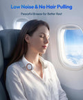 Hands Free Portable Neck Fan With 72 Air Vents Delivers 360 Degree Cooling worn by woman on airplane for travel ease.