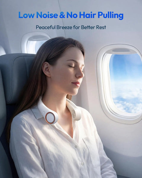 Hands Free Portable Neck Fan With 72 Air Vents Delivers 360 Degree Cooling worn by woman on airplane for travel ease.