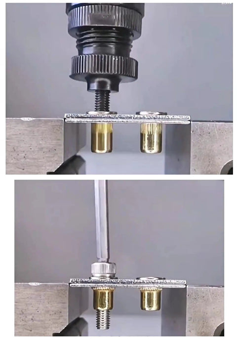 Installing Tough As Nails M6 Metric Rivet Nuts forged from zinc plated carbon steel onto sheet metal with a tool.