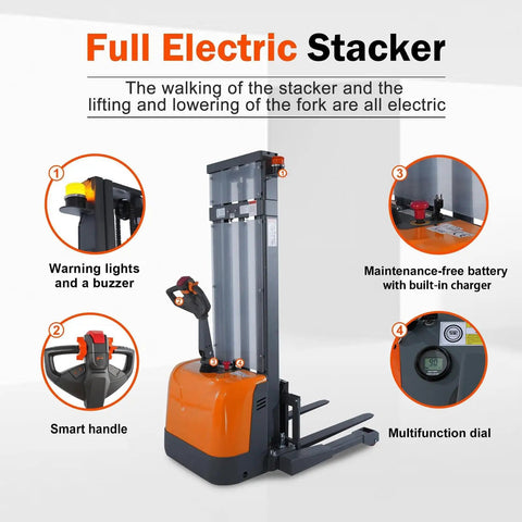 Heavy Duty Electric Pallet Stacker With 3300 Lb Load Capacity And 98 Inch Lift Height Adjustable Forks Compact Walkie forklift for warehouse material handling features battery, smart handle, and multifunction dial.