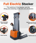 Tory 3300 Lb Capacity Electric Pallet Stacker With 130 Inch Lift Height And Adjustable Forks, showing smart handle and battery features.