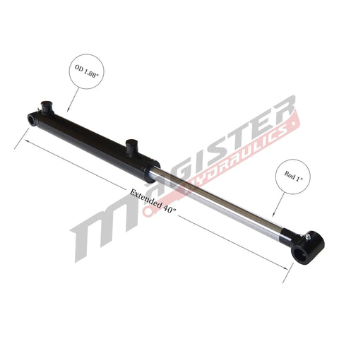 Built Tough Hydraulic Cylinder 1.5 Inch Bore 16 Inch Stroke Welded Ram With Cross Tube Ends Double Acting 3500 PSI SAE 6 Ports 1 Inch Rod Diameter Retracted 24 Inch Extended 40 Inch For Heavy Lifting, black steel