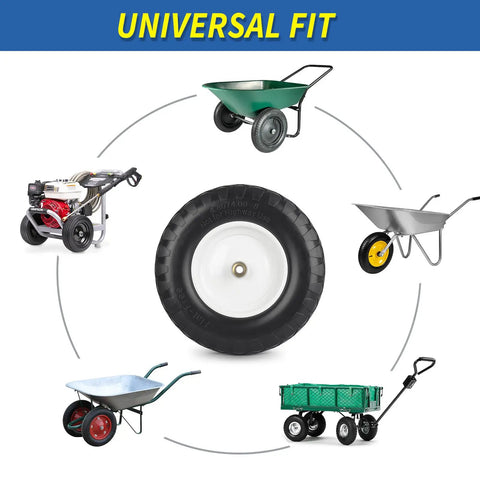 Hella Tough Flat Free Solid Wheelbarrow Tire And Wheel Combo 4.80/4.00-8 Inch shown with various compatible carts and wagons.