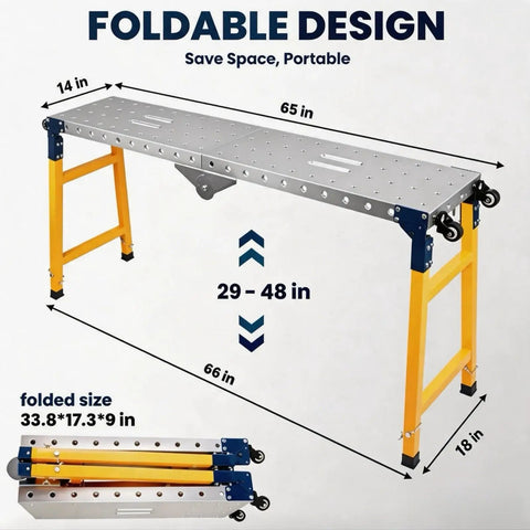 Built Tough Shop Workhorse Foldable Welding Table 64 X 14 Inches showing foldable design and adjustable height settings.