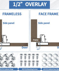 Diagram showing 100 Pack Soft Closing Cabinet Hinges For Kitchen Half Inch Partial Overlay 105 Degree Concealed Hinges with screws and bumpers.