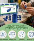 30 Pack Waterproof Wire Nuts 12AWG To 22AWG Blue And Black Outdoor Electrical Connectors With Silicone Shell For Wet Location Install For DIYers In Any Weather shown on a workbench.
