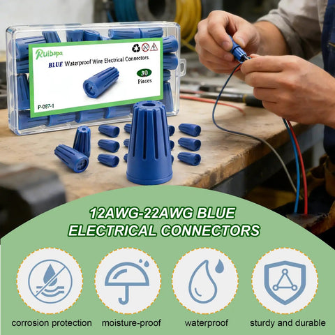 30 Pack Waterproof Wire Nuts 12AWG To 22AWG Blue And Black Outdoor Electrical Connectors With Silicone Shell For Wet Location Install For DIYers In Any Weather shown on a workbench.