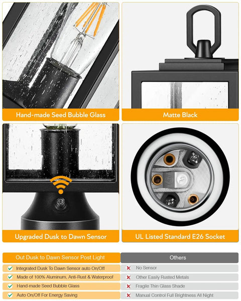 Hardwired 120V Dusk To Dawn Outdoor Post Light Black Exterior Lantern with Pier Mount Base, showcasing matte finish and E26 socket.