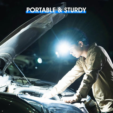 Person using Adjustable Headlamp Bracket With Black Headlamp Strap and Hand Strap for tools during night vehicle repair.