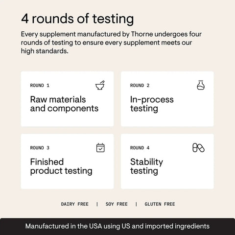 Four rounds of testing for supplements: raw materials, in-process, finished product, stability testing. Dairy, soy, gluten free.